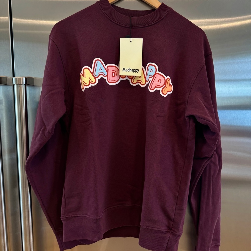 NWT MadHappy Crush Universal Crewneck in Maroon Dark Red Candy Block Letters